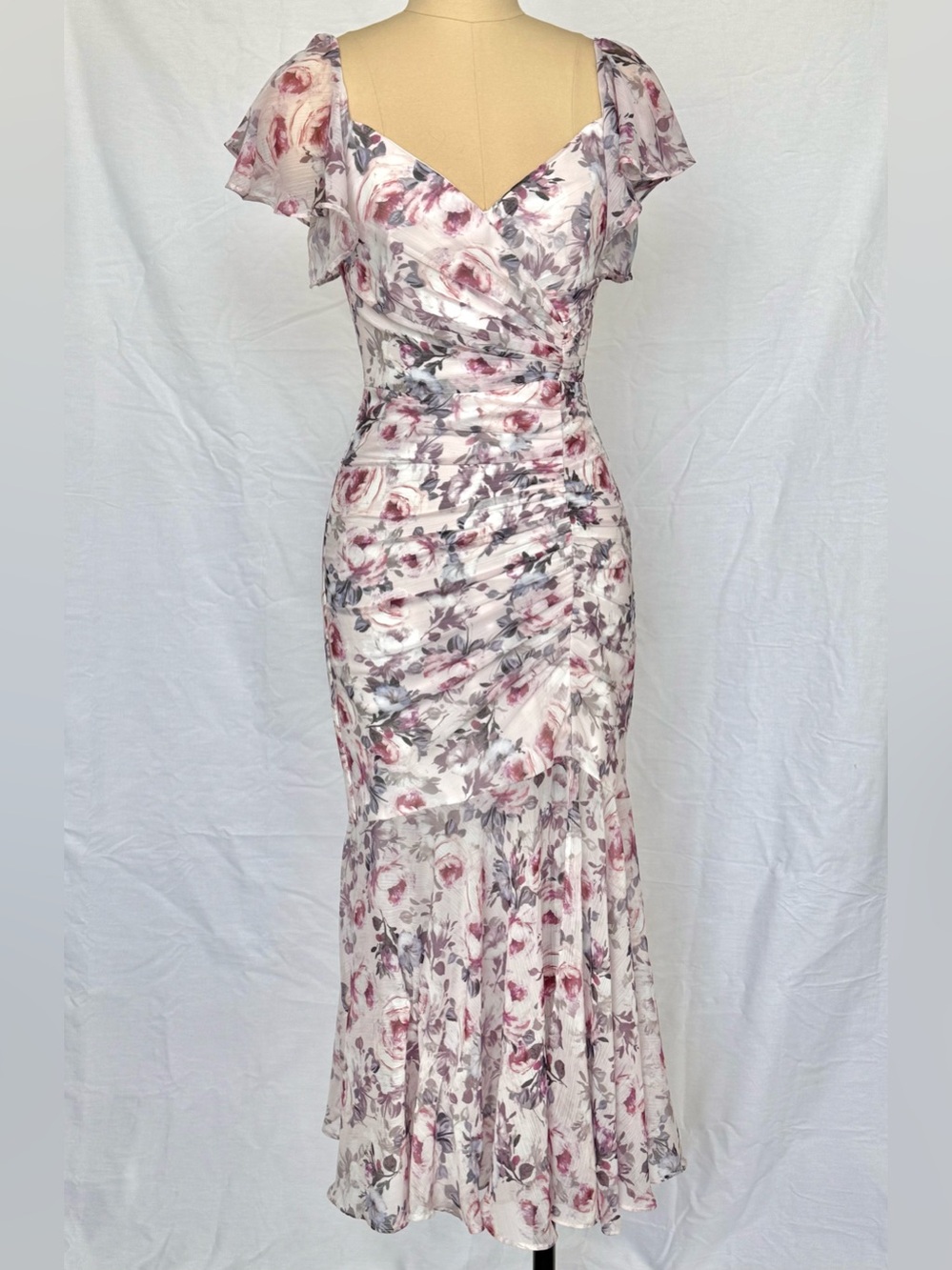 Evernew Corset Floral Ruffled Sleeve Midi Dress